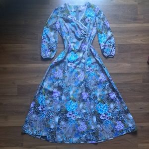 Vintage 70s 60s Pastel purple blue grey Floral Long Sleeve Lace Maxi Sun Dress